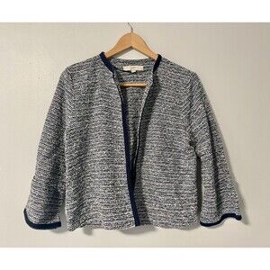 Loft Navy‎ Blue Tweed Cardigan Jacket Open-Front Bell Sleeve L Petite